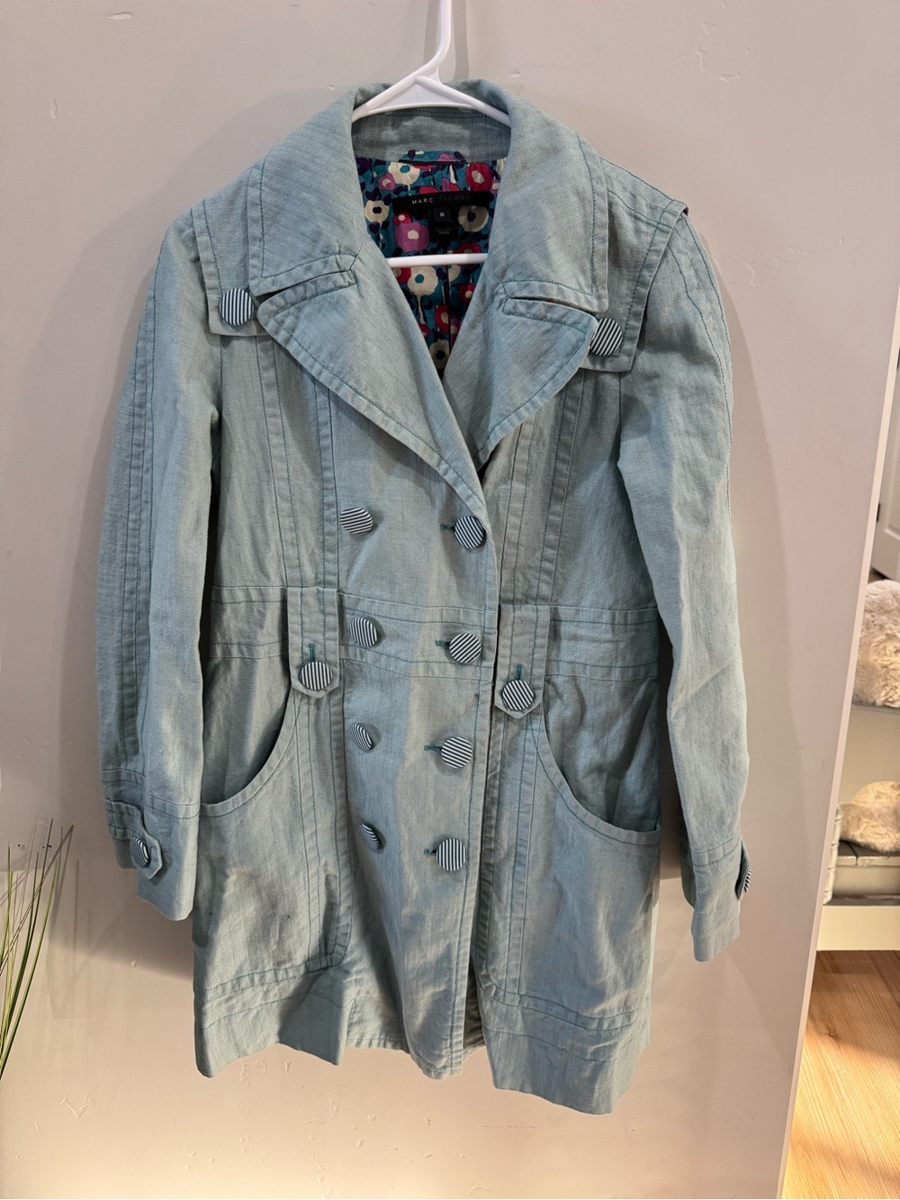 Marc Jacobs Light Blue Denim Trench Coat with Striped Buttons size small